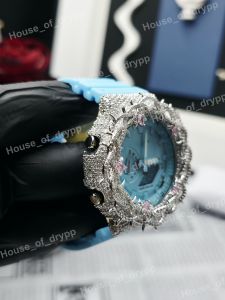 Montre de luxe sertie de diamants, bracelet en caoutchouc bleu, lunette en moissanite, affichage analogique-numérique, montre pour femme - Product Image 3