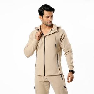 Custom Men’s Beige Cargo Tracksuit Full <b>Zip</b> <b>Hooded</b> Jacket and Multi Pocket Jogger Pants Private Label Techwear Sportswear Set - Product Image 5