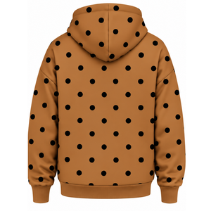 Sudadera con capucha informal de forro polar para mujer, color marrón camel con lunares negros, estilo oversize con cordón ajustable y bolsillo frontal tipo canguro - Product Image 2