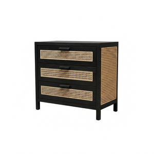 Global Wholesale Solid Teak Wood Modern Minimalist Lars Woven <b>Sideboard</b> Cabinet Black Finish Rattan Drawer Living Room <b>Storage</b> - Product Image 1