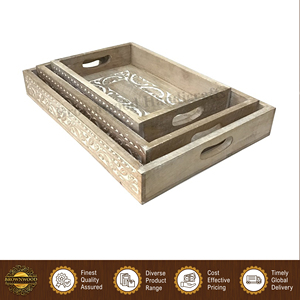 Juego de 3 bandejas rectangulares para servir alimentos, hechas a mano en India, de madera de mango, diseño elegante, alta calidad, para uso doméstico y hotelero. - Product Image 6