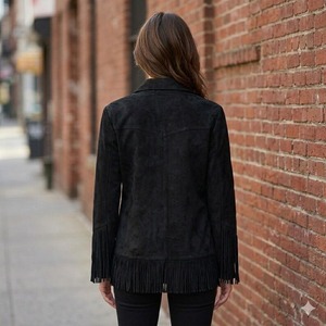 Black Suede Leather <b>Fringe</b> <b>Jacket</b> – Western Style Statement Piece - Product Image 5