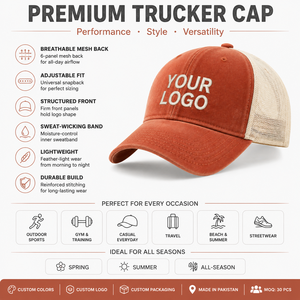 Custom Trucker <b>Cap</b> 5-Panel Mesh Back Cotton Front Embroidery Logo Adjustable Strap Unisex Adult Casual <b>Hat</b> Made in Pakistan - Product Image 3