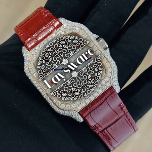 Rose Gold Tone Moissanite Diamond Unisex Red Leather Strap <b>Arabic</b> Dial Luxury Fashion Analog Mechanical Wrist <b>Watch</b> Stainless - Product Image 3
