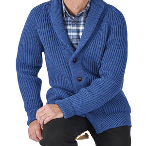 Cardigan en laine bleu pour homme, manches longues, col rabattu, épais, anti-boulochage, pour l'automne, couleur unie, fermeture boutonnée - Product Image 2