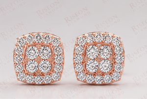Premium cushion halo diamond <b>stud</b> earrings in 18K rose gold with clustered round center and double halo setting for bold brillia - Product Image 3