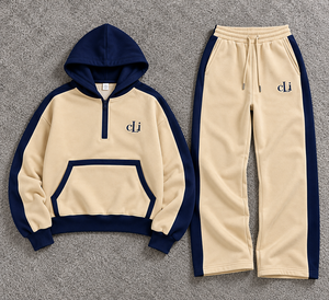 Ensemble de survêtement OEM pour femme, beige et bleu, avec sweat à capuche zippé, poches et pantalon à bandes contrastantes, logo personnalisé, coupe décontractée - Product Image 3