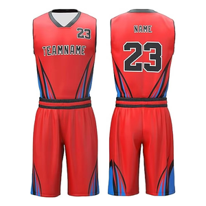 ชุดเสื้อบาสเก็ตบอลสีแดงแบบกำหนดเองพร้อมกางเกงขาสั้น พิมพ์ลายแบบ Sublimation ระบายเหงื่อได้ดี คอวี แขนกุด สำหรับผู้ใหญ่ ทั้งชายและหญิง เหมาะสำหรับทีม - Product Image 1