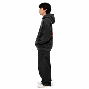 Custom Vintage <b>Band</b> Print Heavy Cotton Fleece Oversized <b>Hoodie</b> Washed Black Garment Dyed Y2K Streetwear Men OEM - Product Image 3
