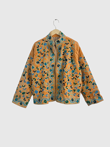 Chaqueta de terciopelo con bordado floral, cuello mandarín, manga larga, cierre de cremallera, ropa de otoño para mujer adulta - Product Image 1