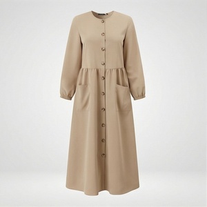 Robe Abaya Longue d'Été pour Femme, Modeste, Décontractée, Style Islamique, Col Nœud, Boutons en Dentelle, Perles, Plissée, Couleur Personnalisable - Product Image 1