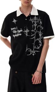 Polo pour homme style urbain imprimé gothique épineux, T-shirt à manches courtes effet deux-pièces, haut décontracté d'été pour couple - Product Image 3