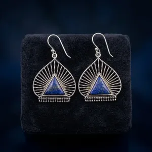 Natural Lapis Lazuli Brass <b>Earrings</b> | Handmade Gemstone <b>Earrings</b> - Product Image 2