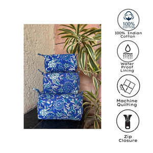 Blue Floral Quilted Cotton Cosmetic Bag Set Hand Block Print Toiletry <b>Makeup</b> Stationary Jewellery Craft <b>Storage</b> Travel Gifting - Product Image 3