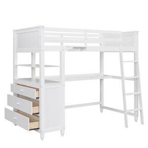Letto a soppalco in legno per una persona con cassetti, scrivania e scaffali, bianco (Vecchio SKU LT001530AAK) - Product Image 4