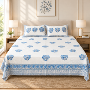 Parure de lit 3 pièces en coton imprimé pigmenté 200TC, durable, de luxe léger, motif floral bleu, style indien pour chambre à coucher - Product Image 1