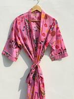 Robe Kimono en Coton Rose à Motifs Floraux pour Femme – Peignoir Léger d'Été, Robe de Spa, Robe de Demoiselle d'Honneur, Logo Personnalisé en Gros