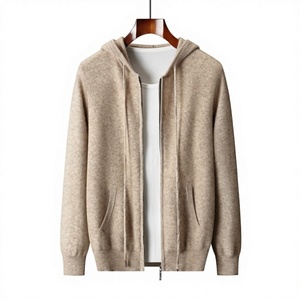 Pull à capuche zippé pour homme, couleur beige unie, décontracté, pour l'automne, 100% laine tricotée, teinture unie - Product Image 1