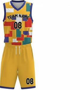 Ensemble de maillots de basket-ball sublimés personnalisés, couleur jaune, col en V, sans manches, séchage rapide, vêtements unisexes pour adultes - Product Image 1
