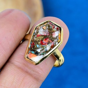 Bague artisanale en turquoise coquille d'huître bleue épineuse, forme cercueil, en argent sterling 925 plaqué or rose - Product Image 3