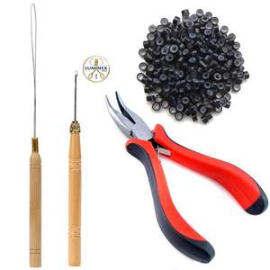 Kit de Extensiones de Cabello con Alicates, Gancho para Colgar Cuentas y 200 Anillos Micro de Silicona Forrados de Color Marrón Oscuro (Marrón Oscuro) - Product Image 1