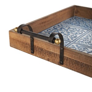 Wooden Tray <b>Set</b> Rectangular Acacia Wood Serving Tray with Metal Handles Coffee <b>Tea</b> Snack Breakfast Vintage Display Tray - Product Image 6