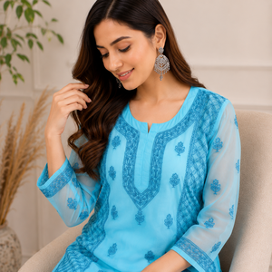 Elegante Kurti Indio de Georgette con Bordado Chikankari - Vestido Étnico Largo Azul Cielo con Bordado Floral para Mujer - Product Image 3
