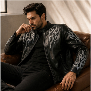 Chaqueta de Motocicleta Casual de Invierno para Hombre, de Piel de Oveja, Resistente al Viento, Impermeable, Transpirable y Ecológica, Color Negro Plata Flame American - Product Image 1