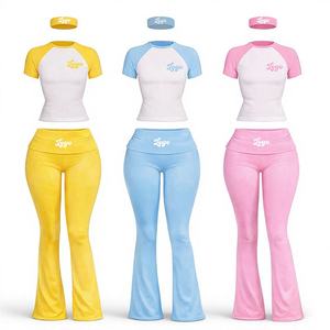 Women's 2 Piece <b>Knitted</b> <b>Set</b> Long Sleeve Crop Top With Zipper Flared Pants Solid Color Breathable Full Length Activewear - Product Image 3