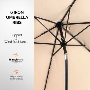 Ombrellone da Esterno Solare da 2,7 m con Luci LED, Impermeabile, in Polietilene, 6 Stecche, con Manovella e Pulsante di Inclinazione per Tavolo da Mercato - Product Image 3