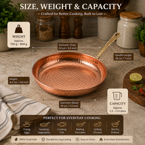 Premium Hand Hammered Pure Copper Fry <b>Pan</b> with Brass Handle Traditional Indian Copper <b>Skillet</b> Heavy Duty Kitchen Cookware Hotel - Product Image 5