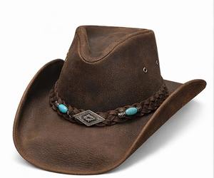 Sombrero Vaquero de Cuero Marrón Desgastado de Primera Calidad para Hombre y Mujer, Hecho a Mano, Estilo Western Outback con Banda Trenzada y Cuentas Turquesas - Product Image 1