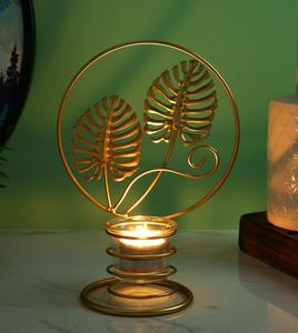 Golden Monstera Leaf <b>Tea</b> Light Holder Brass Candle <b>Stand</b> Home Decoration Heat Resistant Metal Lantern - Product Image 1
