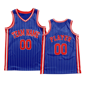 Ensemble uniforme de basket rétro personnalisé à rayures bleues, maillot et short avec bordure de texte rouge et blanc, design rétro avec nom et numéro de l'équipe - Product Image 6