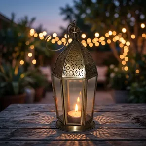 Farol Hexagonal de Latón con Paneles de Vidrio, Decoración Duradera para el Hogar - Product Image 5