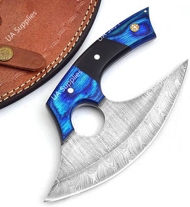 Cuchillo de Chef Ulu de Acero de Damasco con Hoja Afilada, Mango de Madera y Hueso, Acabado Cepillado, Funda de Cuero, Ambidiestro, para Corte Profesional - Product Image 5