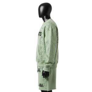 Conjunto de Sudadera y Pantalones Cortos de Felpa de Algodón y Poliéster Premium para Hombre, Color Verde Menta, con Estampado de Diamantes de Imitación y Logotipo Personalizado - Product Image 3