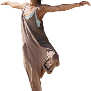 Custom Women's Solid <b>Brown</b> 100% Cotton Sleeveless V-Neck Jumpsuit With Side Pockets Loose Fit Full Length Summer Wear Tracksuit - Product Image 2