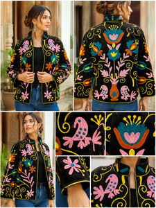 Blazer en velours noir brodé avec motif floral, col mandarin, manches longues, veste d'automne pour femme - Product Image 5