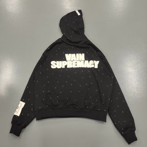 Sweat à capuche pour homme personnalisé avec broderie graphique et strass, patchwork vieilli de haute qualité, impression en relief, streetwear, en molleton - Product Image 3