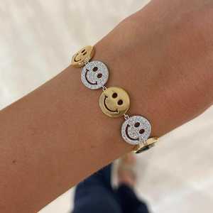 Happy Face Round Diamond Link <b>Bracelet</b> Wide Hip Hop 14K 18K Solid Gold 7 Inch Pave Set Statement Two Tone <b>Charm</b> Fine Jewelry - Product Image 1