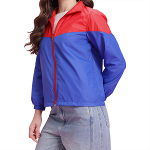 Women Color Blocked <b>Racer</b> <b>Jacket</b> Full Sleeve Stand Collar Windproof Polyester Spring Coat Regular Length Blue Red Contrast - Product Image 1