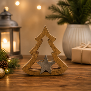 Handcrafted Wooden Christmas <b>Tree</b> Candle Holder with Metal <b>Star</b> Accent Rustic Finish Festive Table Decor Durable Home Styling Pi - Product Image 1
