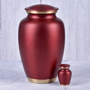 <b>Red</b> and Gold Brass Adult Cremation Urn with matte surface for Human Ashes, Funeral and Burial Memorial Container - Product Image 1