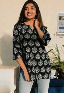 <b>Indian</b> Casual Wear Blue Cotton Kurta With White Floral Print Loose Fit Midi Casual Wear Short <b>Top</b> Kurti Style Digital Printing - Product Image 2