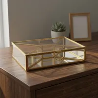 Boîte à bijoux rectangulaire moderne en verre et laiton Artisan Design B72 avec couvercle miroir, idéale pour le voyage, le rangement et les séparateurs décoratifs