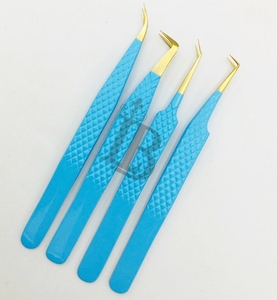 <b>Top</b> Trend Eyelash Tweezers Blue Color Golden Tip Mink Eyelash Extension Volume Tweezers Stainless Steel Russian Volume - Product Image 1