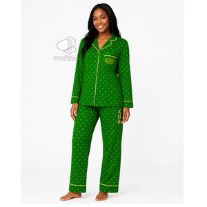 Chi Eta Phi Sorority Women's <b>Green</b> Heart Print Pajama Set Button Front Long Sleeve Notched Collar Contrast Piping Lounge Set PJs - Product Image 5
