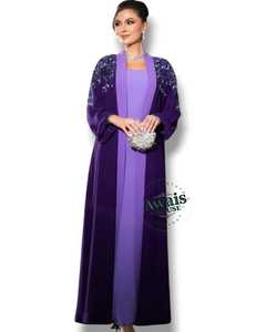 Vestido de Noche Formal Largo de Gasa Morada para Mujer Awais House con Bordado de Cuentas, Mangas Largas y Chaqueta, Cintura Natural - Product Image 4