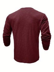 Men's Long Sleeve Henley T-Shirt Solid Maroon Knitted Slim Fit Casual Regular Length Button-Up made in Bangladesh - Product Image 2